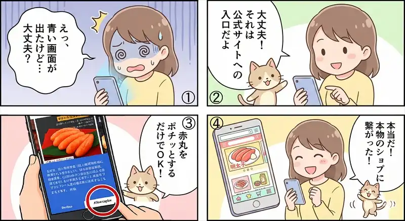 公式サイトへの遷移画面の操作ガイド。セキュリティ確認画面でのAllow cookies等のクリック箇所を解説。