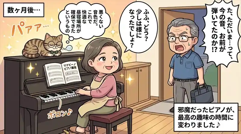 ピアノの音色に癒やされ、日々の生活にハリと楽しさが生まれた満足げな表情の女性