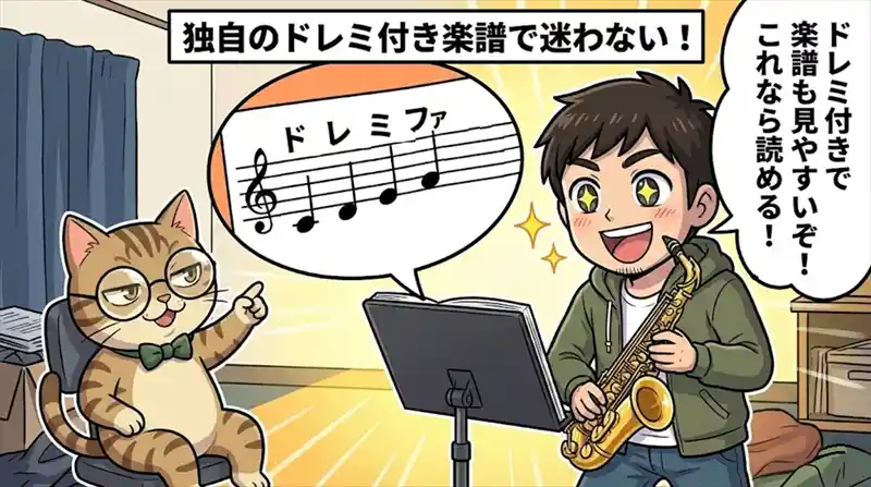 ドレミ表記と運指イラスト付きの楽譜で、初心者でも迷わず曲の練習ができる仕組み