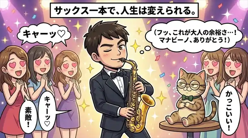 憧れの名曲を奏でられるようになり、自分に自信がつき休日が楽しくなった満足げな表情