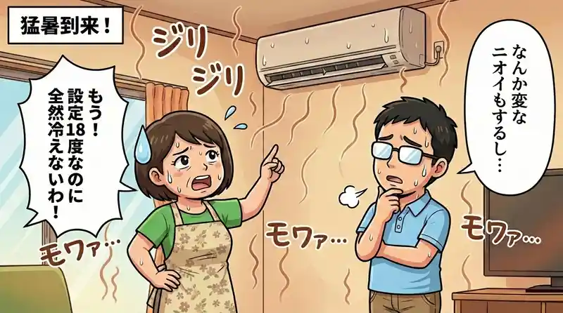 エアコンのカビ汚れやニオイに悩む主婦の様子