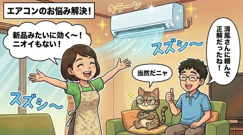 綺麗になったエアコンの爽やかな風に喜ぶ家族