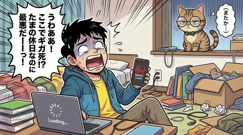 月額基本料や契約期間の縛りに悩むユーザーが、チャージ式Wi-Fiという新しい選択肢に出会う漫画1枚目。