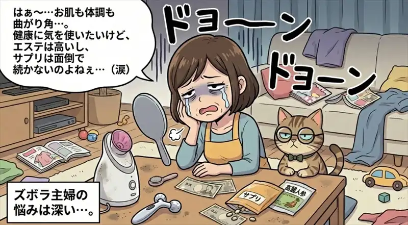 年齢とともに鏡を見るのが楽しくなくなってきた女性が、シリカ不足の可能性に気づく様子。