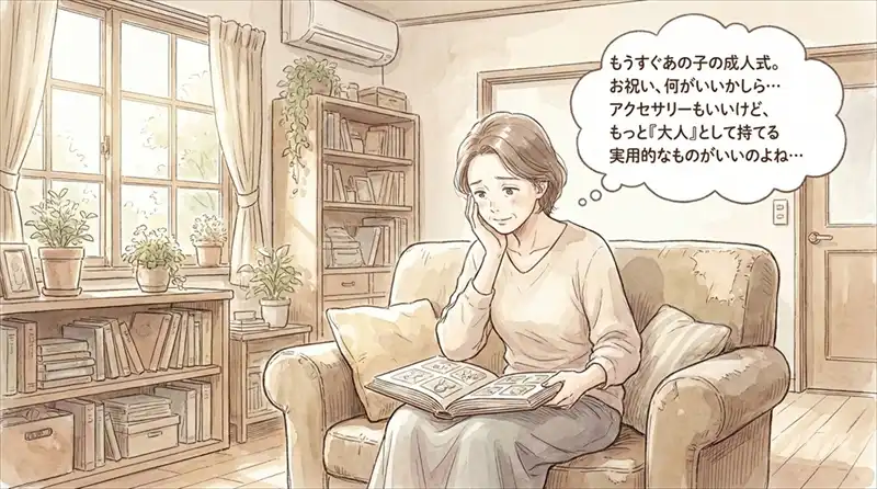 就職が決まった子供へ一生使える印鑑を贈りたい親の想いから始まる、チタン印鑑の体験漫画1枚目。