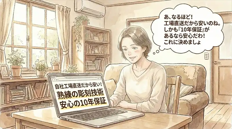 届いた印鑑の重厚感と美しい仕上がりに感動するシーン。