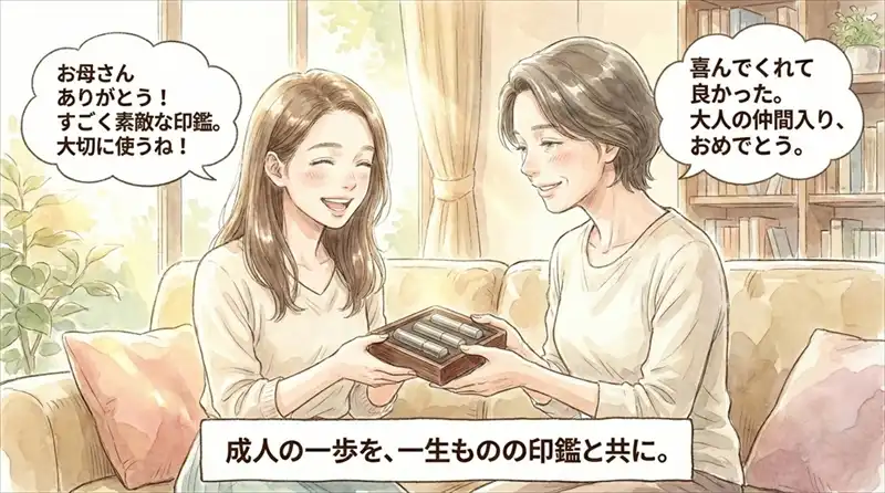 一生ものの印鑑を公式サイトで選ぶことを促す最終コマ。