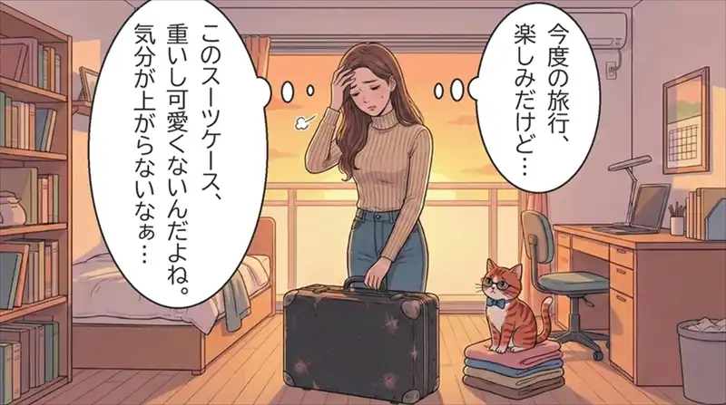 ARTRIPSのスーツケースを持った女性が空港で注目を浴びるシーン。一目惚れするデザインを伝える漫画1枚目。