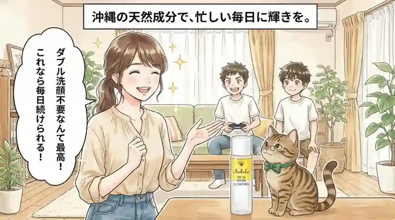 自分を慈しむ時間が増え、健やかな素肌で笑顔になる女性の姿