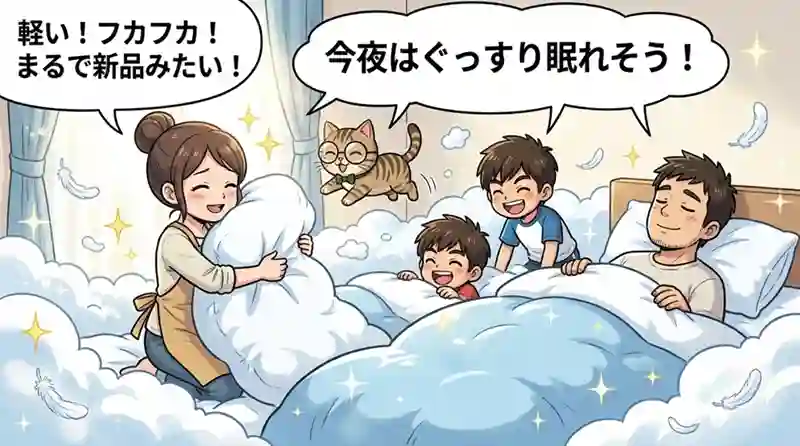 届いたふかふかの清潔な布団で快眠を楽しむ家族